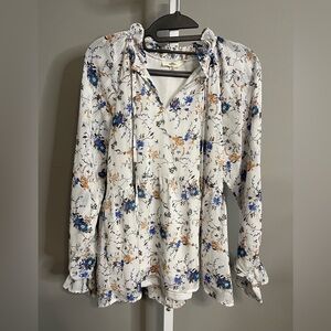 Entro White Floral Blouse with Blue and Orange Accents